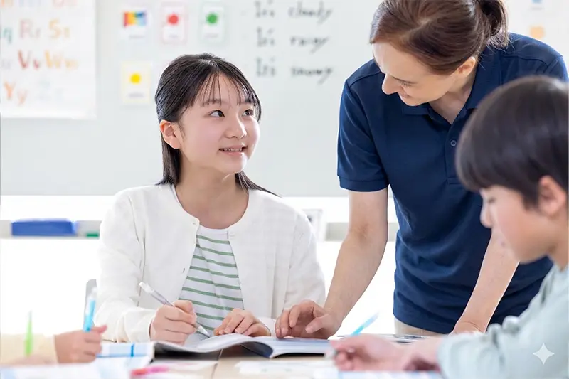 キュリオキッズの教師が生徒に個別指導している教室の様子