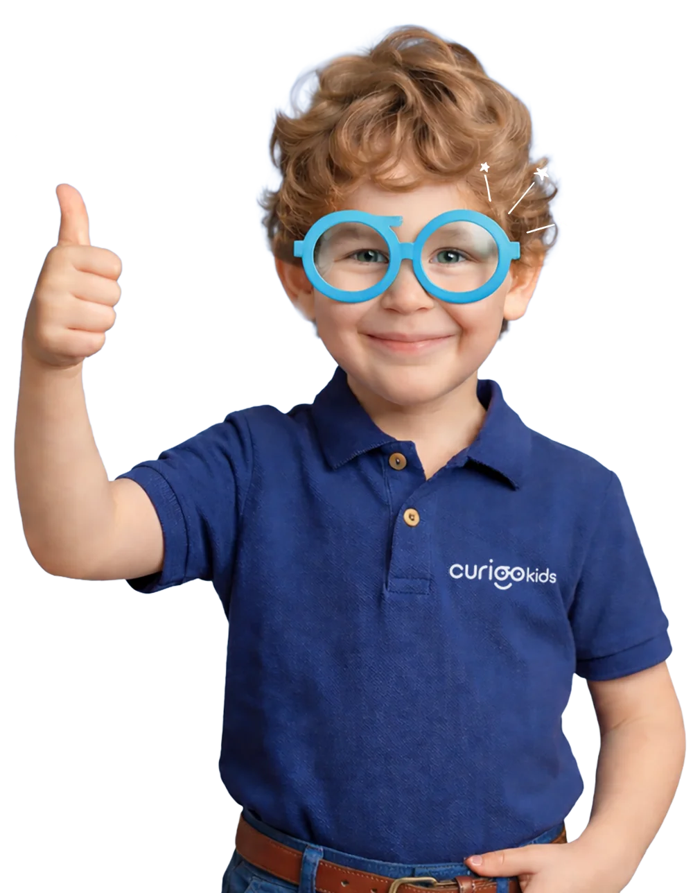 青いメガネをかけた男の子がサムズアップのポーズ