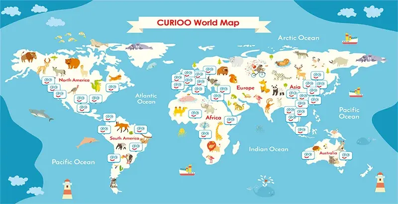 キュリオキッズの世界地図にQRコード付き動物イラスト